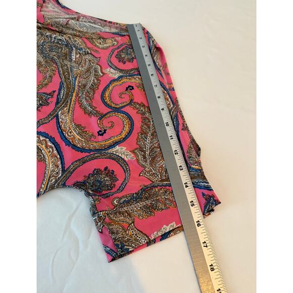 Womens XL Boho Pink Paisley Short Cold Shoulder Oversized Slinky Tunic Top XL - Picture 8 of 9